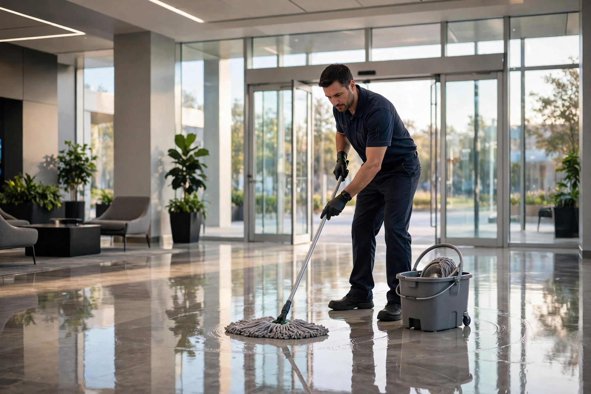 Bravo cleaner mopping a commercial lobby floor