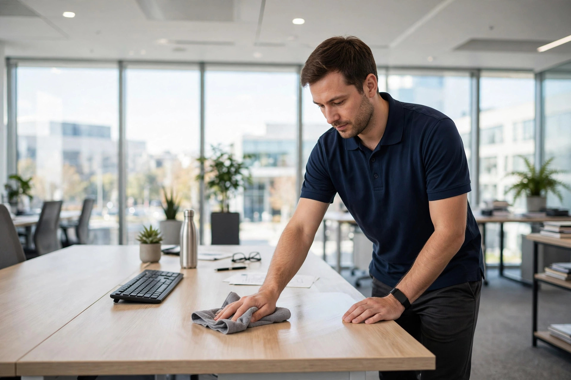 Bravo cleaner wiping down an office desk