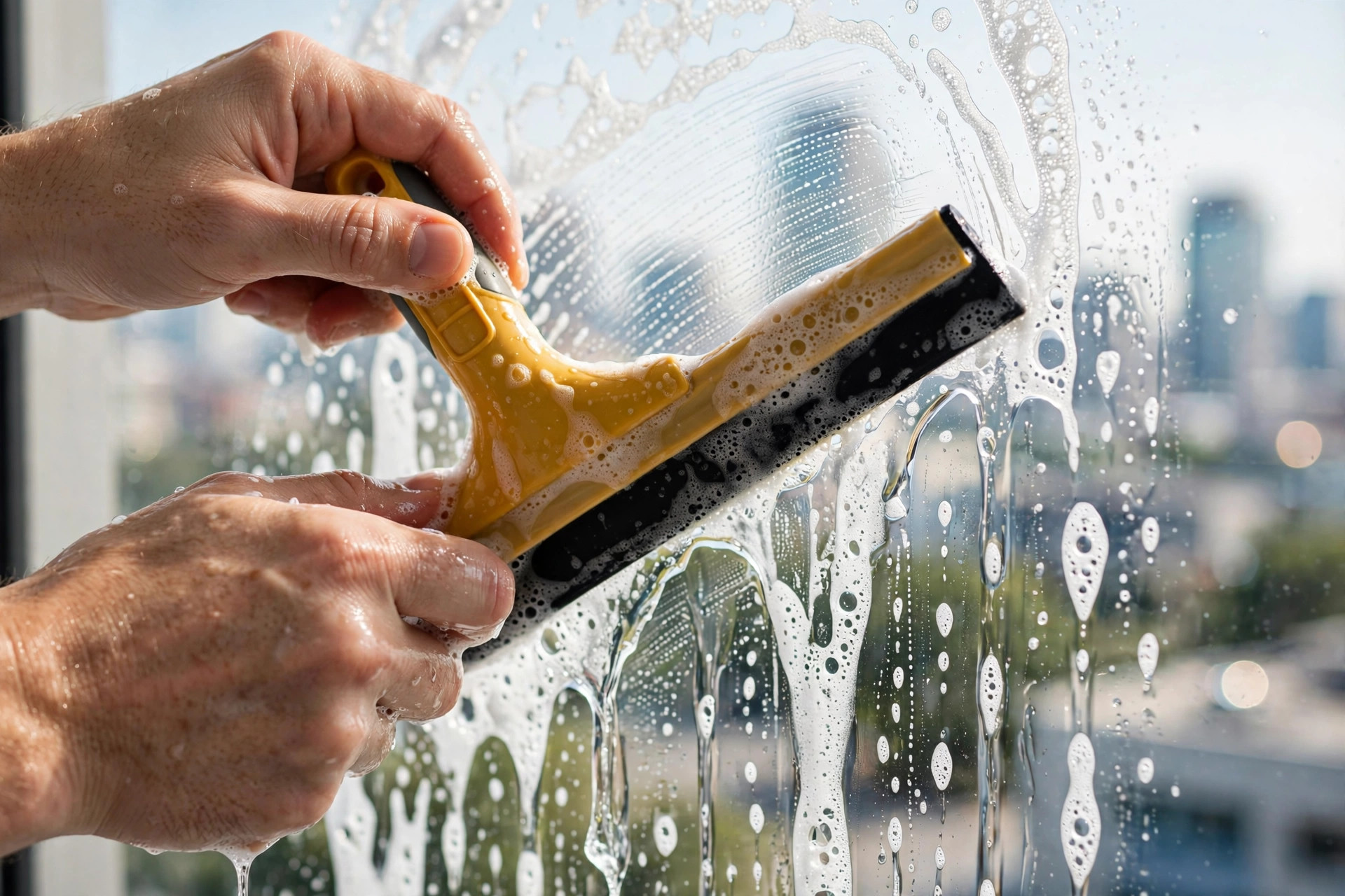 Close-up of a squeegee washing a glass window
